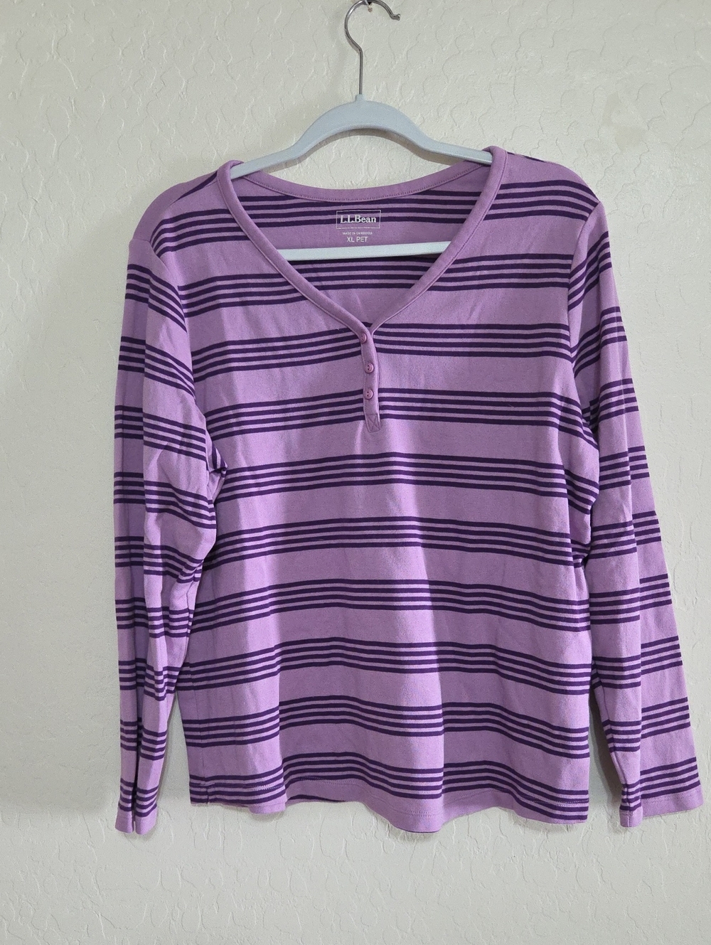 L.L. Bean Lavender and Purple Striped Henley Long-Sleeve Top
